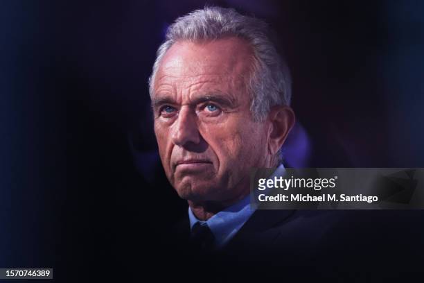 Democratic Presidential Candidate Robert F. Kennedy Jr. Listens as he is introduced by Rabbi Shmuley Boteach during the World Values Network's...