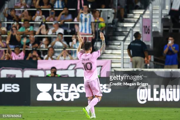 Lionel Messi of Inter Miami CF waves to fans as he exits the match in the second half during the Leagues Cup 2023 match between Inter Miami CF and...