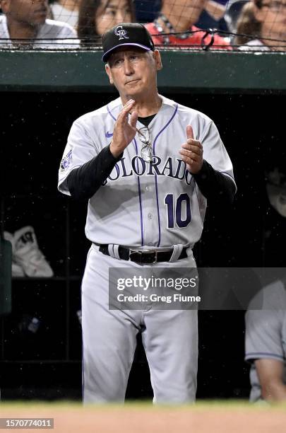 Manager Bud Black of the Colorado Rockies celebrates during the third inning against the Washington Nationals at Nationals Park on July 25, 2023 in...