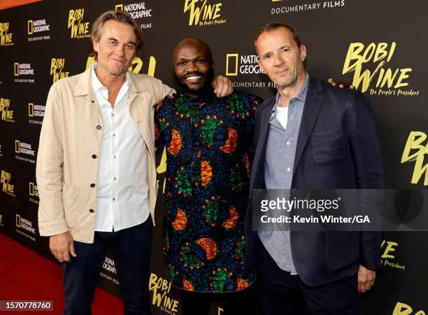 Christopher Sharp, Moses Bwayo and John Battsek attends the Los Angeles Premiere Of National Geographic Documentary Films' "Bobi Wine: The People's...