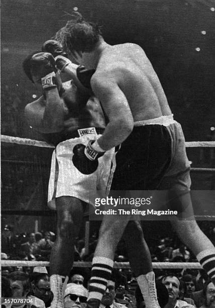 Muhammad Ali is backed in the ropes by Chuck Wepner during the fight at Richfield Coliseum on March 24,1975 in Cleveland,Ohio. Muhammad Ali won the...