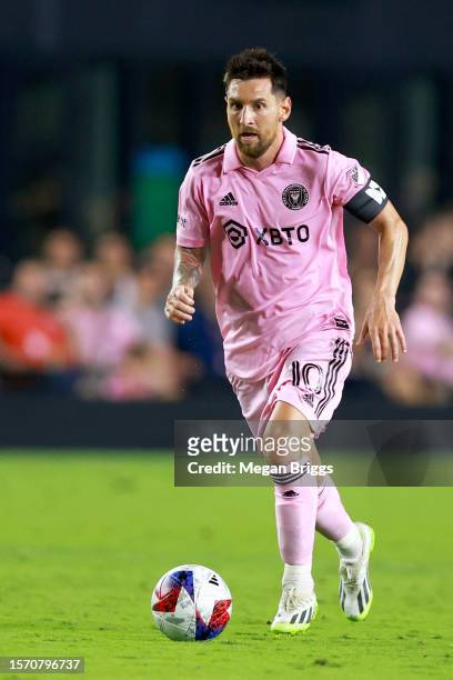 Lionel Messi of Inter Miami CF dribbles the ball in the second half during the Leagues Cup 2023 match between Inter Miami CF and Atlanta United at...