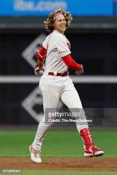Alec Bohm of the Philadelphia Phillies reacts after hitting a walk-off single to defeat the Baltimore Orioles at Citizens Bank Park on July 25, 2023...