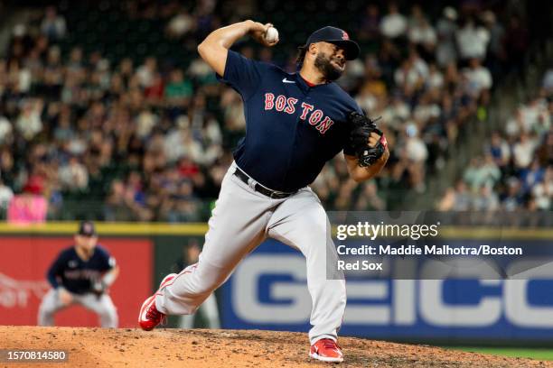 Kenley Jansen of the Boston Red Sox pitches during the ninth inning of a game against the Seattle Mariners on August 1, 2023 at T-Mobile Park in...
