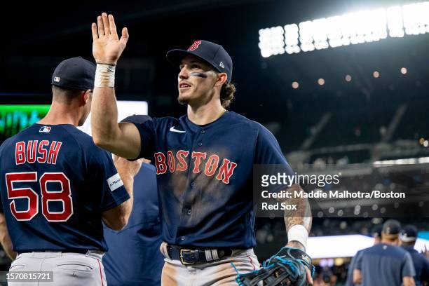Jarren Duran of the Boston Red Sox reacts after a win against the Seattle Mariners on August 1, 2023 at T-Mobile Park in Seattle, Washington.