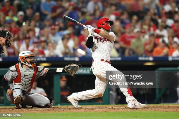 Bryce Harper of the Philadelphia Phillies hits a solo home run during the sixth inning against the Baltimore Orioles at Citizens Bank Park on July...