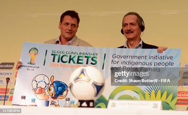 Secretary General, Jerome Valcke presents on behalf of FIFA 000 complimentary tickets for the 2014 FIFA World Cup to Brazilian Minister Aldo Rebelo...