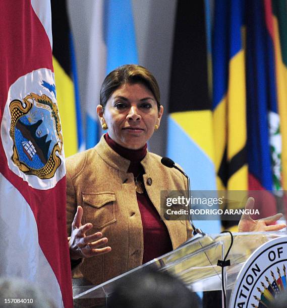 Costa Rican President Laura Chinchilla delivers a speech during the inauguration of the 52 Inter-American Drug Abuse Control Commission meeting in...