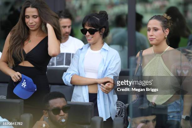 Singer Camila Cabello reacts prior to the Leagues Cup 2023 match between Inter Miami CF and Atlanta United at DRV PNK Stadium on July 25, 2023 in...