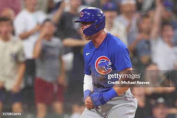 Nico Hoerner of the Chicago Cubs reacts after scoring a run during the fifth inning against the Chicago White Sox at Guaranteed Rate Field on July...