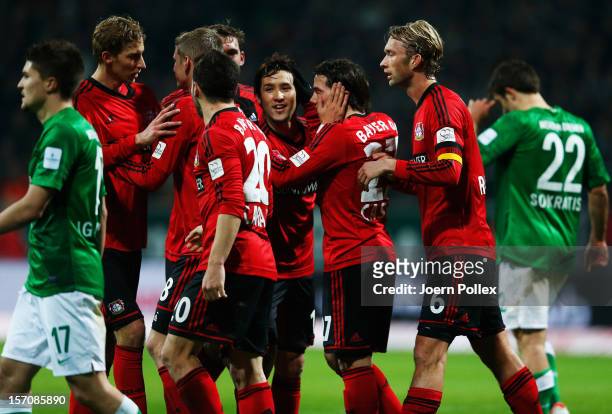Gonzalo Castro of Leverkusen celebrates after scoring his team's first goal during the Bundesliga match between Werder Bremen and Bayer 04 Leverkusen...