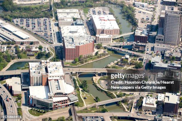 The University of Houston-Downtown and the Harris County Jail are shown on the banks of Buffalo Bayou on Wednesday, March 20 in Houston.