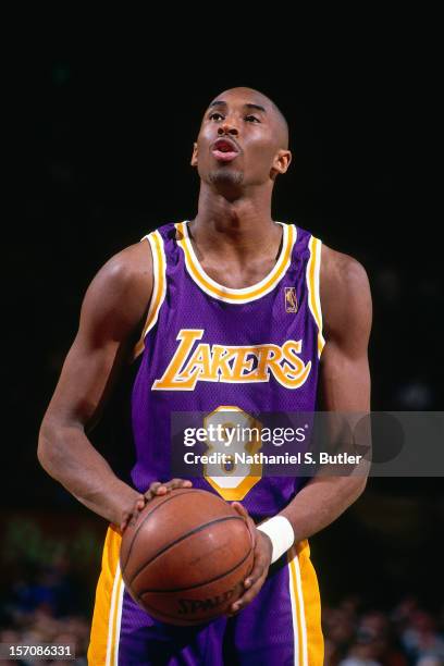 Kobe Bryant of the Los Angeles Lakers scores the first point of his career by shooting a foul shot against the New York Knicks on November 5, 1996 at...