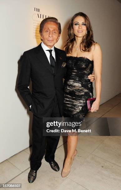 Valentino Garavani and Elizabeth Hurley attend a private view of 'Valentino: Master Of Couture', exhibiting from November 29th, 2012 - March 3 at...