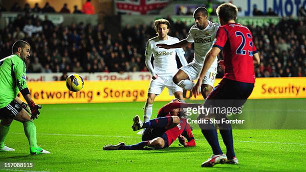 Swansea striker Wayne Routledge scores the second Swansea goal during the Barclays Premier League match between Swansea City and West Bromwich Albion...
