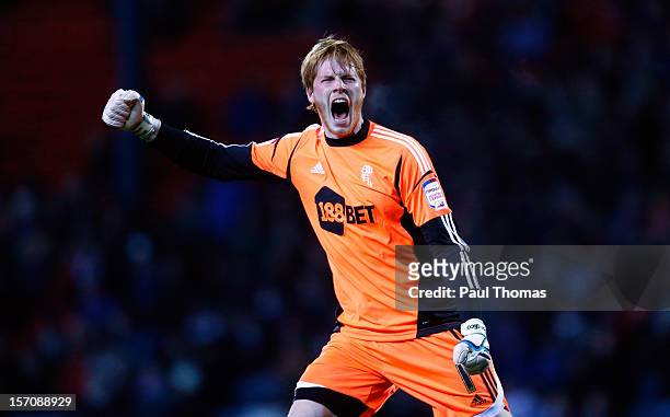 Adam Bogdan of Bolton celebrates the goal scored by team mate Kevin Davies during the npower Championship match between Blackburn Rovers and Bolton...