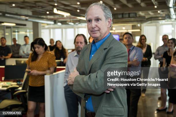 Steve Riley speaks to the newsroom after he was named the Houston Chronicle's new executive editor on Thursday, May 2 in Houston. Riley has served as...