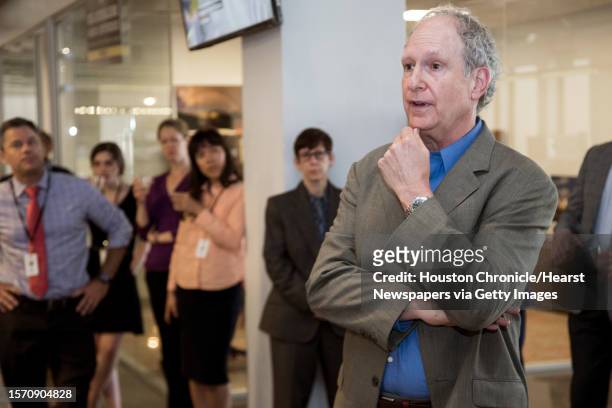 Steve Riley speaks to the newsroom after he was named the Houston Chronicle's new executive editor on Thursday, May 2 in Houston. Riley has served as...