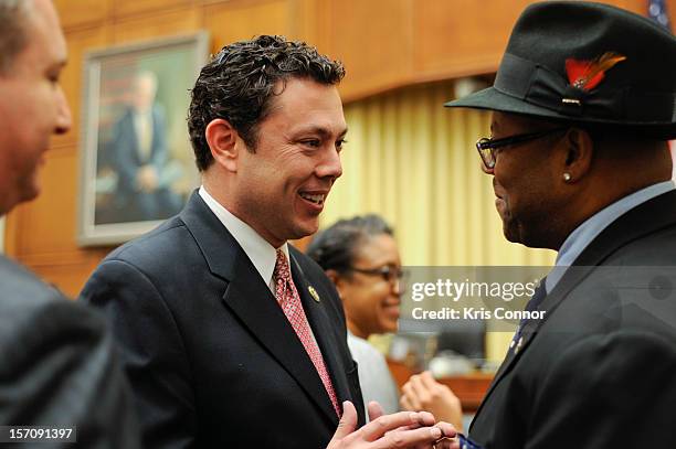 Jason Chaffetz and Jimmy Jam speak during a House of Representatives Judiciary subcommitte on Intellectual Property, Competition and the Internet...