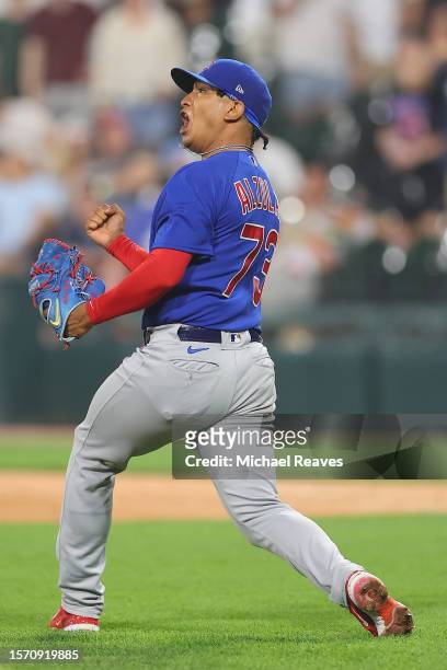 Adbert Alzolay of the Chicago Cubs celebrates after defeating the Chicago White Sox at Guaranteed Rate Field on July 25, 2023 in Chicago, Illinois.