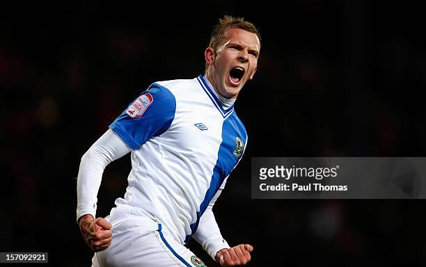 Jordan Rhodes of Blackburn celebrates his goal during the npower Championship match between Blackburn Rovers and Bolton Wanderers at Ewood Park on...