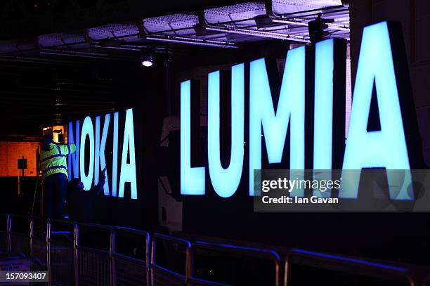 Preperations at the launch event of the New Nokia Lumia Range at Flat Iron Square on November 28, 2012 in London, England.