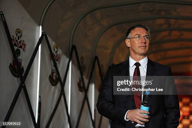 Manager Nigel Adkins of Southampton during the Barclays Premier League match between Southampton and Norwich City at St Mary's Stadium on November...