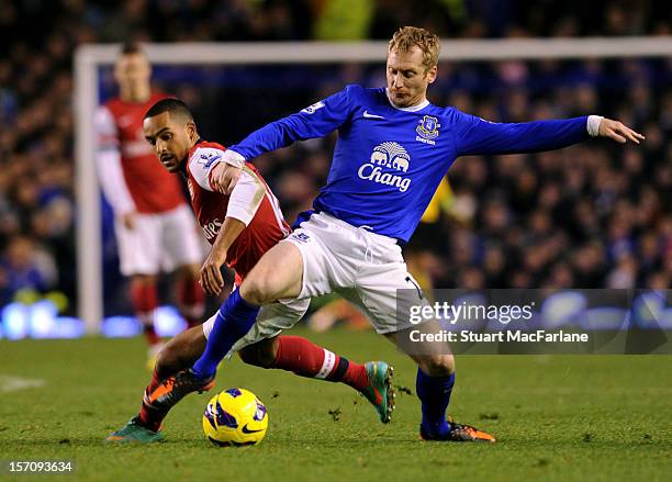 Theo Walcott of Arsenal Tony Hibbert of Everton during the Barclays Premier League match between Everton and Arsenal at Goodison Park on November 28,...