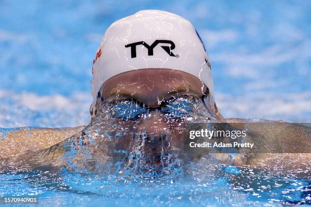 Leon Marchand of Team France competes in the Men's 200m Individual Medley Heats on day four of the Fukuoka 2023 World Aquatics Championships at...