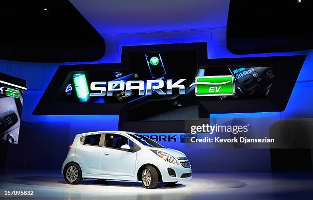 The new 2014 Chevy Spark EV electric vehicle is unveiled during the Los Angeles Auto show on November 28, 2012 in Los Angeles, California. The LA...