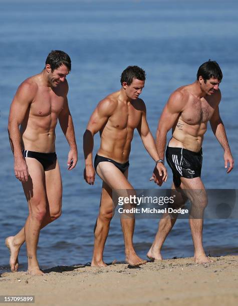 Travis Cloke, Luke Ball and Quentin Lynch walk along the beach during a Collingwood Magpies AFL training session at St Kilda Sea Baths on November...