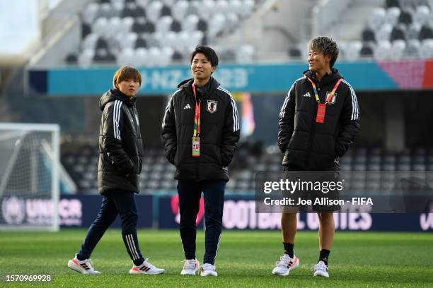 Honoka Hayashi, Kiko Seike and Chika Hirao of Japan inspect the pitch prior to the FIFA Women's World Cup Australia & New Zealand 2023 Group C match...