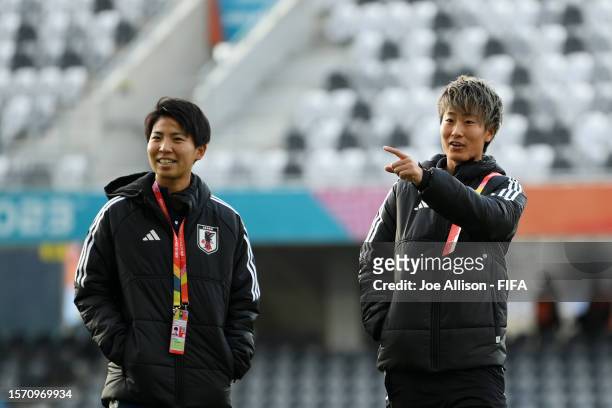 Kiko Seike and Chika Hirao of Japan inspect the pitch prior to the FIFA Women's World Cup Australia & New Zealand 2023 Group C match between Japan...