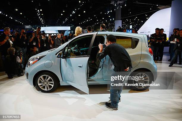 The new 2014 Chevy Spark EV electric vehicle is unveiled during the Los Angeles Auto show on November 28, 2012 in Los Angeles, California. The LA...