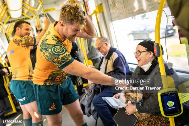 Wallabies player Matt Philip gives away tickets to the upcoming match against New Zealand to a tram passenger during an Australia Wallabies media...