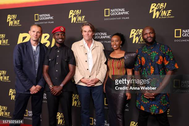 John Battsek, Bobi Wine, Christopher Sharp, Barbie Kyagulanyi and Moses Bwayo attend the National Geographic Documentary Films “Bobi Wine: The...