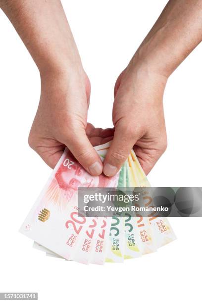 israeli shekel in hand on a white background - israel finance stock pictures, royalty-free photos & images