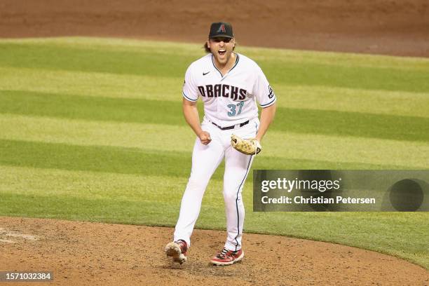 Relief pitcher Kevin Ginkel of the Arizona Diamondbacks celebrates after defeating the St. Louis Cardinals 3-1 in the MLB game at Chase Field on July...