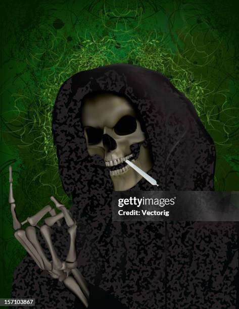 stockillustraties, clipart, cartoons en iconen met grim reaper smoking weed - joint body part