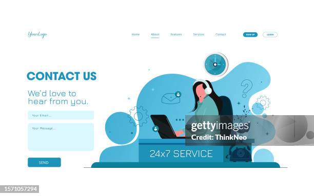 stockillustraties, clipart, cartoons en iconen met contact us. support service. landing page. modern web pages for web sites. - supporting functions for graphical user interface