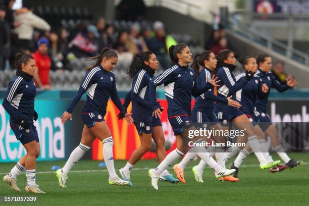 Costa Rica players warms up prior to the FIFA Women's World Cup Australia & New Zealand 2023 Group C match between Japan and Costa Rica at Dunedin...