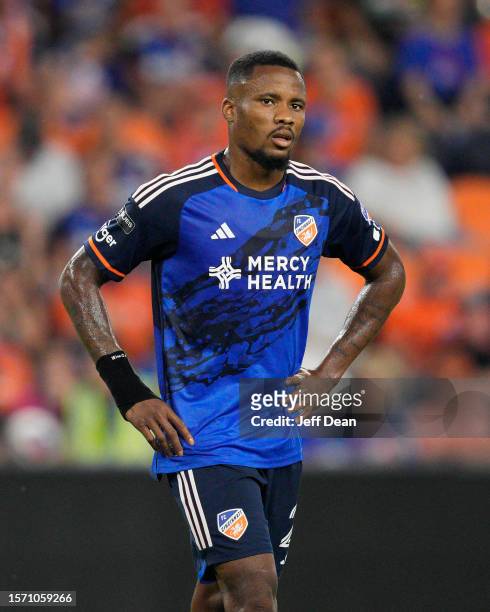 Alvas Powell of FC Cincinnati plays during the second half of a Leagues Cup match against Sporting Kansas City at TQL Stadium on July 23, 2023 in...