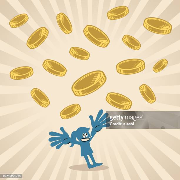 a smiling woman catches the money falling down from the sky - salary drop illustration stock illustrations