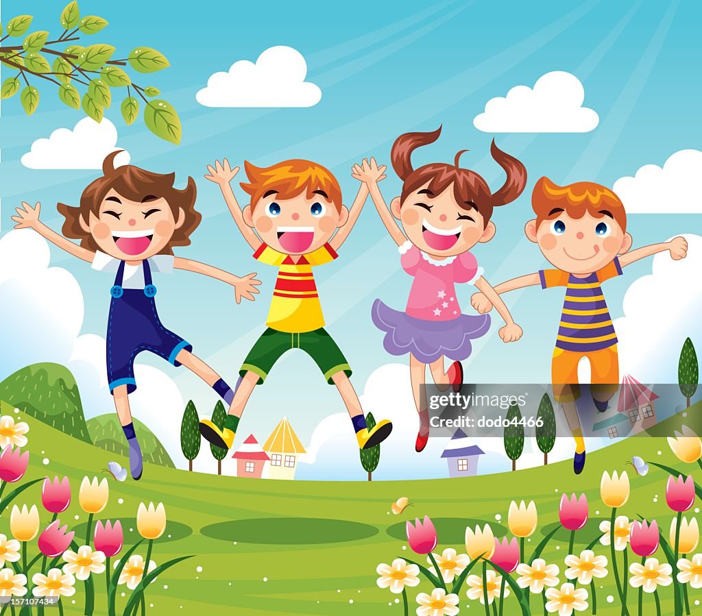 Colorful Cartoon Of Happy Children Jumping High-Res Vector Graphic - Getty  Images