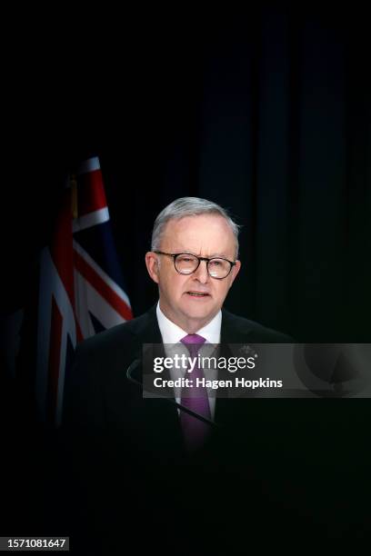 Australian Prime Minister Anthony Albanese speaks during a press conference at Parliament on July 26, 2023 in Wellington, New Zealand. Anthony...