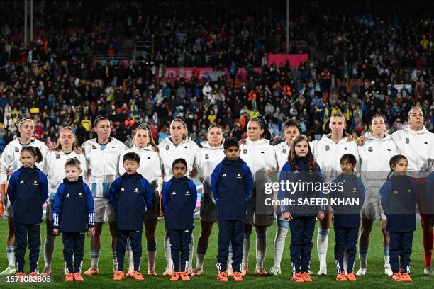 Argentina players stand for their national anthem before the start of the Australia and New Zealand 2023 Women's World Cup Group G football match...