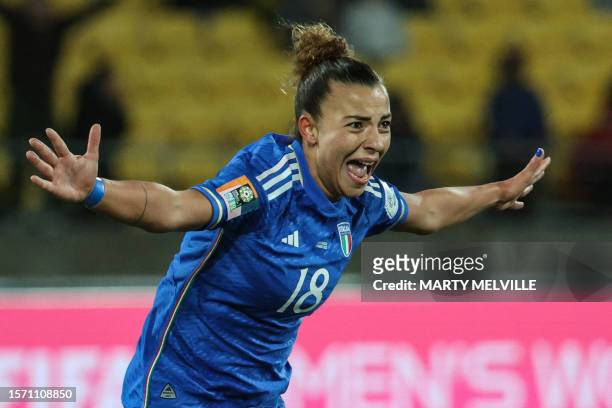 Italy's midfielder Arianna Caruso celebrates scoring her team's first goal during the Australia and New Zealand 2023 Women's World Cup Group G...