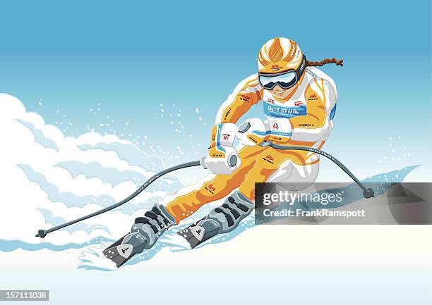 ilustraciones, imágenes clip art, dibujos animados e iconos de stock de hembra descenso esquiador - ski slope