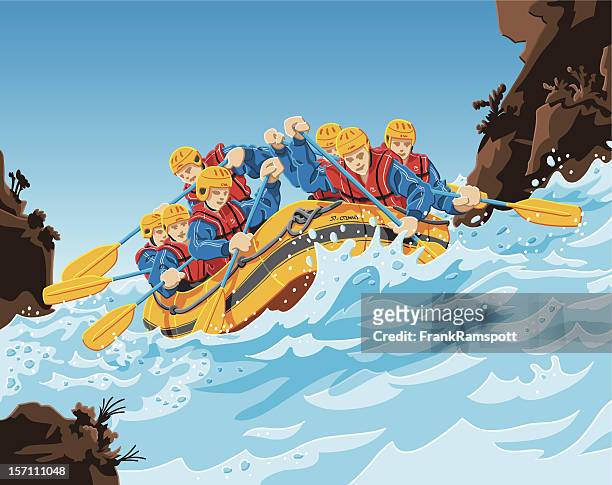 ilustraciones, imágenes clip art, dibujos animados e iconos de stock de rafting acción - inflatable raft