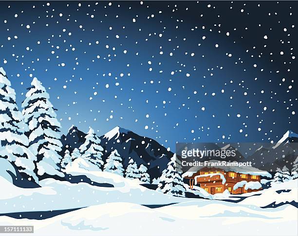 ilustrações, clipart, desenhos animados e ícones de paisagem de inverno e cabine - crepúsculo